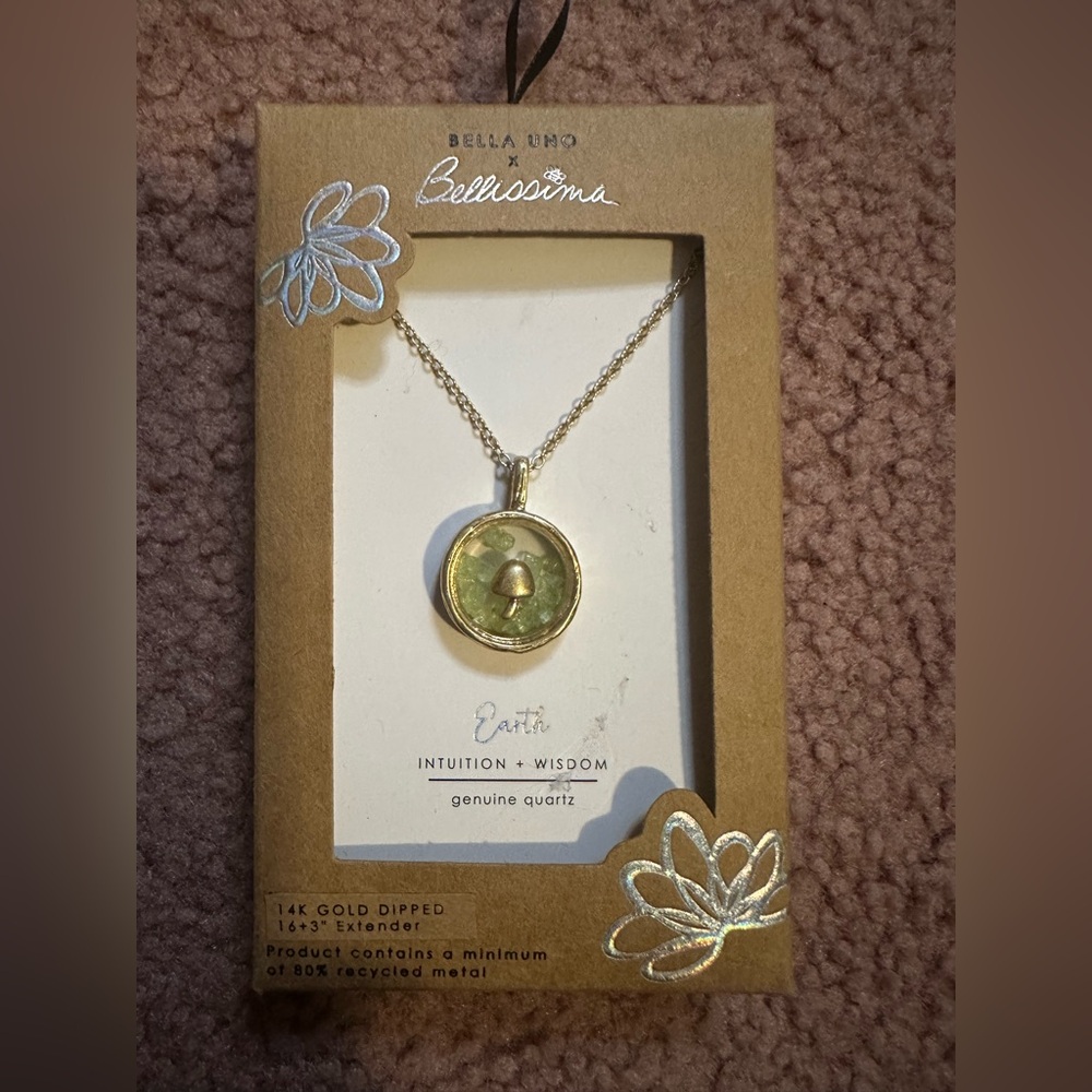 NIB Bella Uno Bellissima Earth Genuine Quartz 14k Gold Dipped 16”+3” Extender